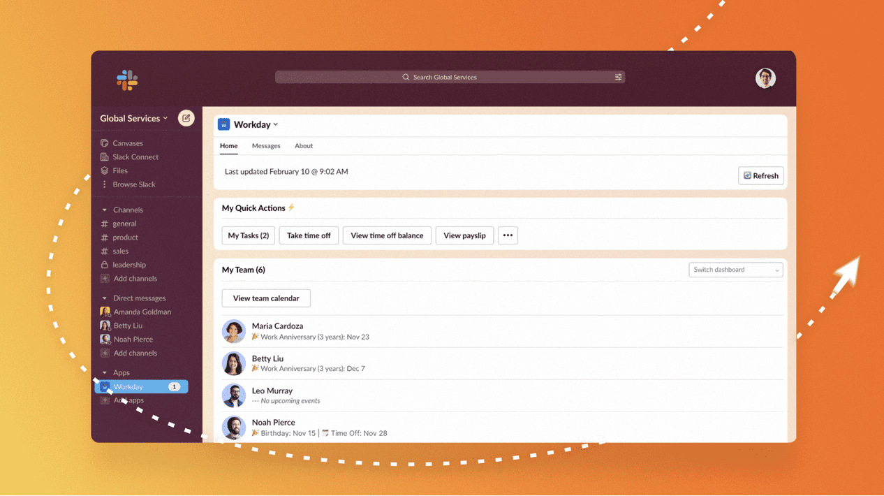 This image shows a Slack workspace featuring a Workday app integration where users can view quick actions, team member updates, and access personal tasks. The background has a bright orange gradient, and a dotted white arrow curves upward, symbolizing movement and productivity.